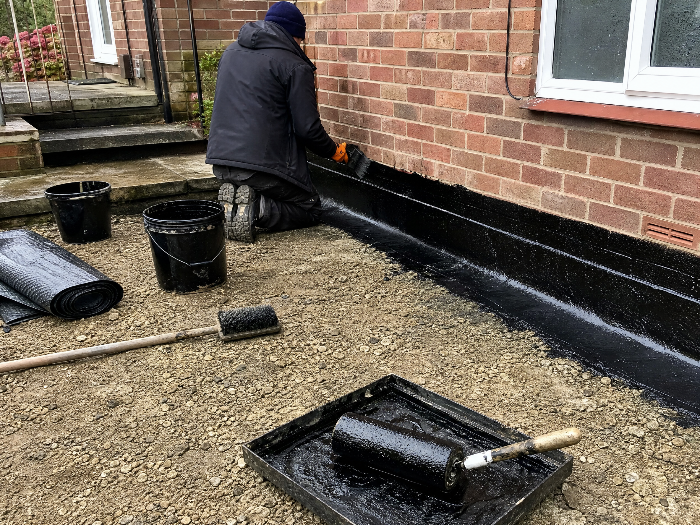 Overview of waterproofing work in progress at a British residential property