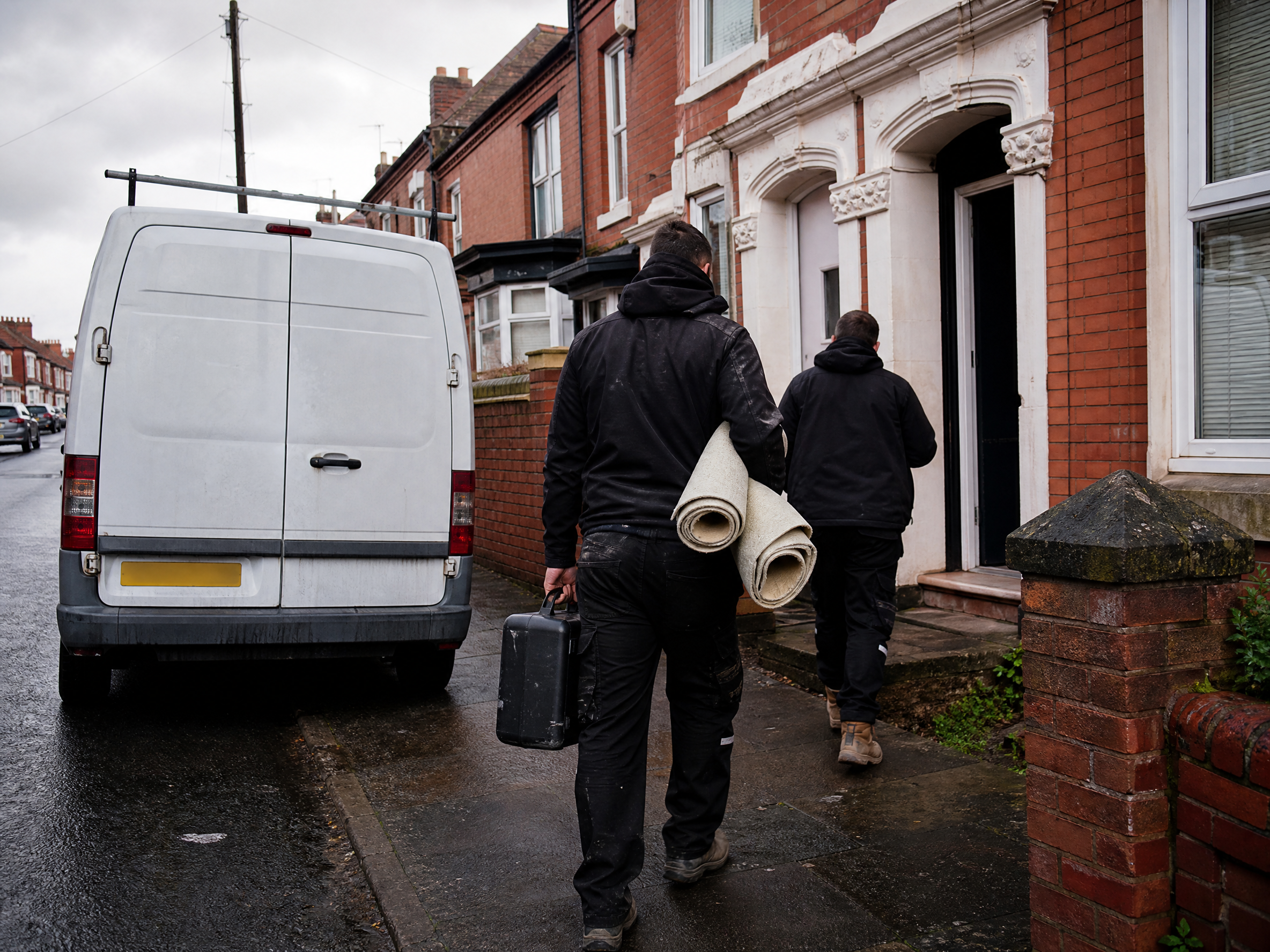 Damp-proofing team arriving at a terraced house in Birmingham