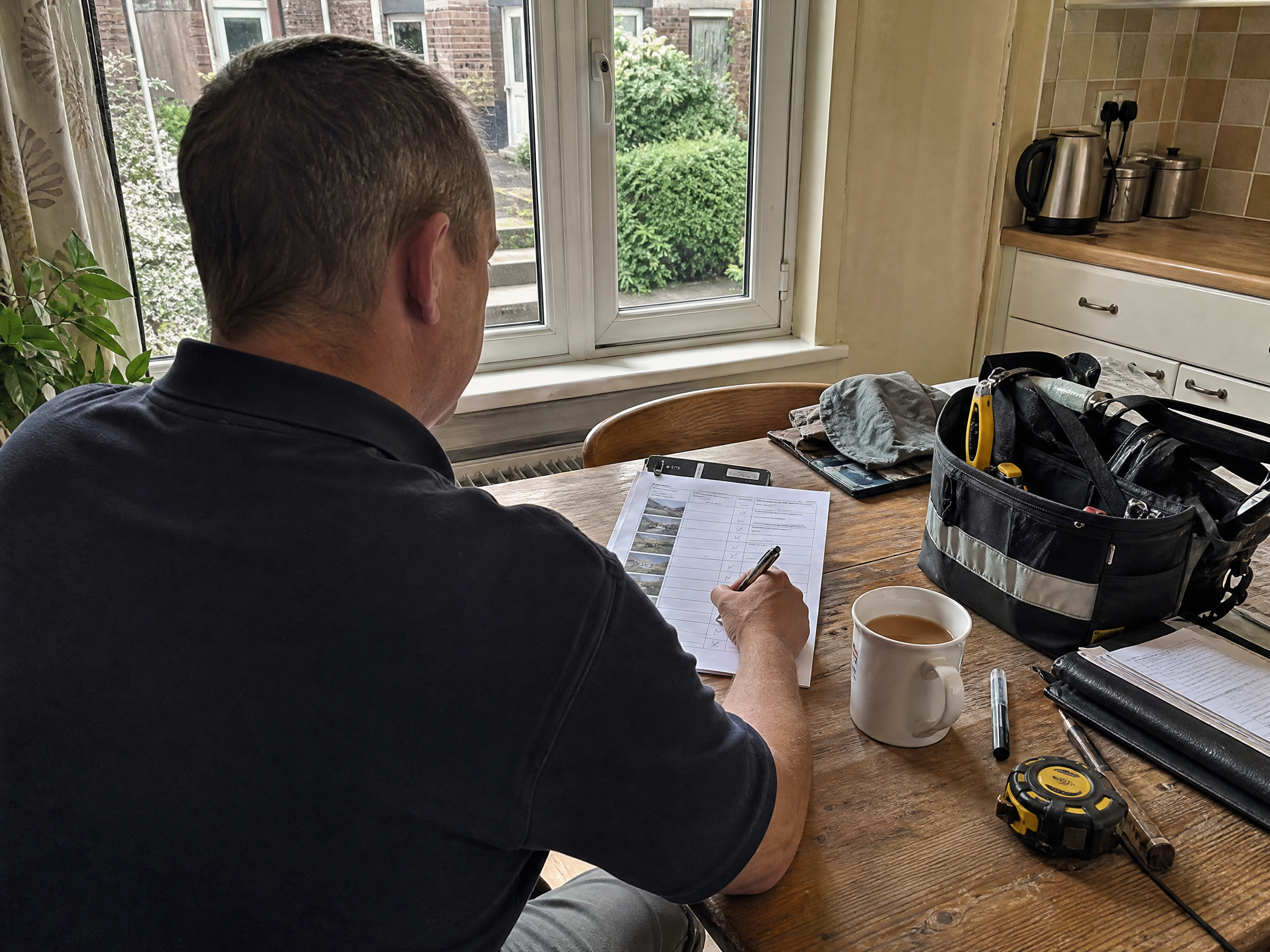 Homeowner going through a printed damp checklist at the kitchen table