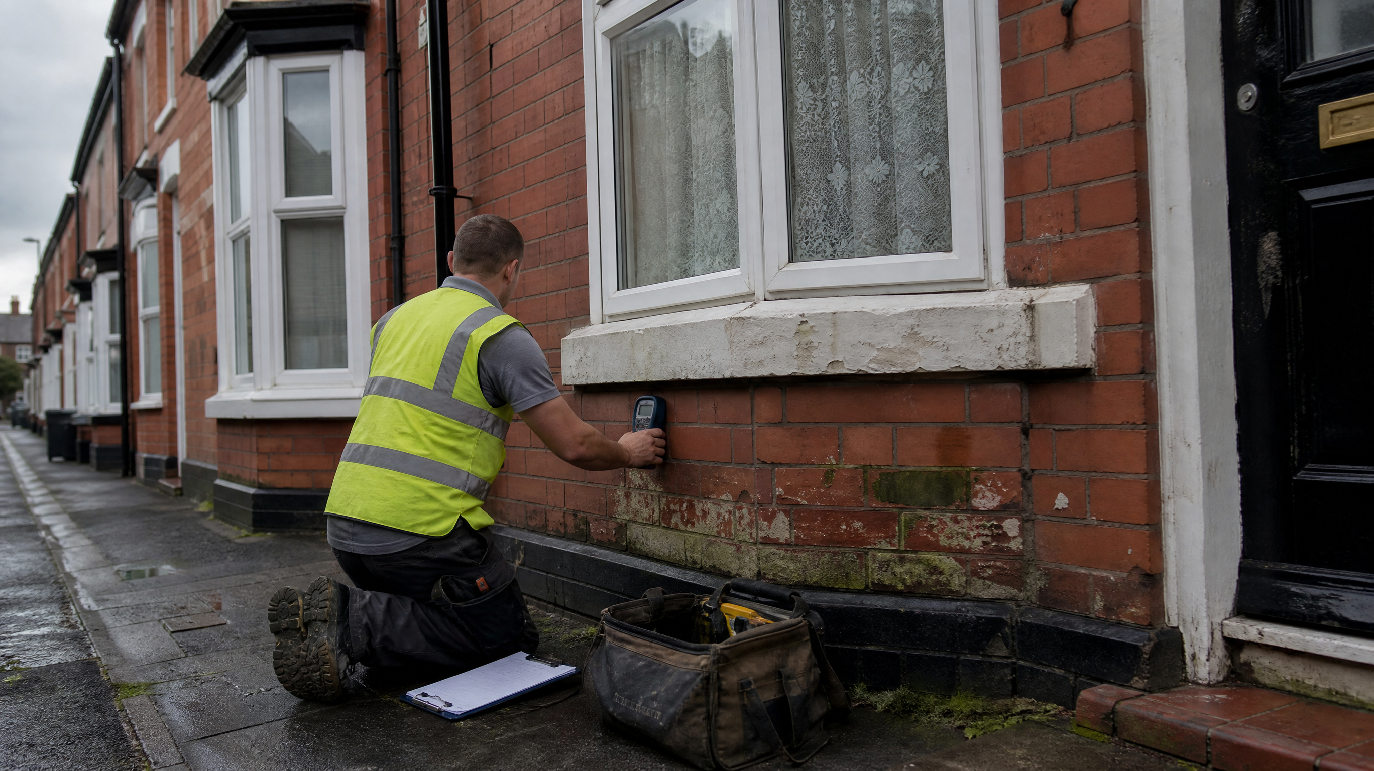 Damp specialist taking moisture readings at the base of a red-brick terraced house in Birmingham