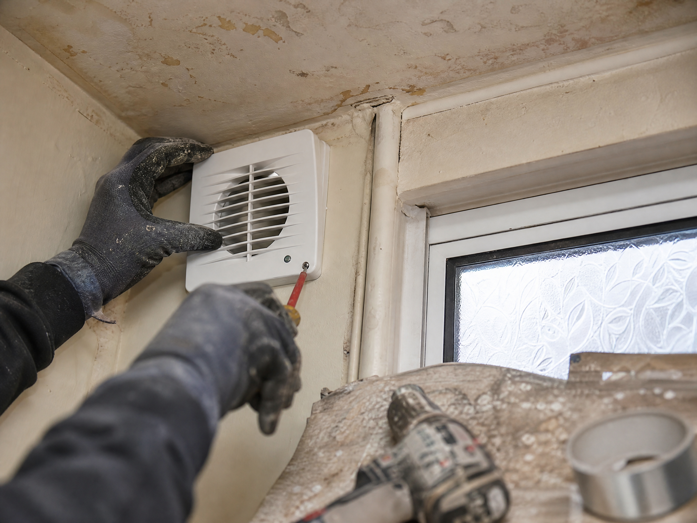 Professional installer carrying out condensation control and ventilation in a UK residential property