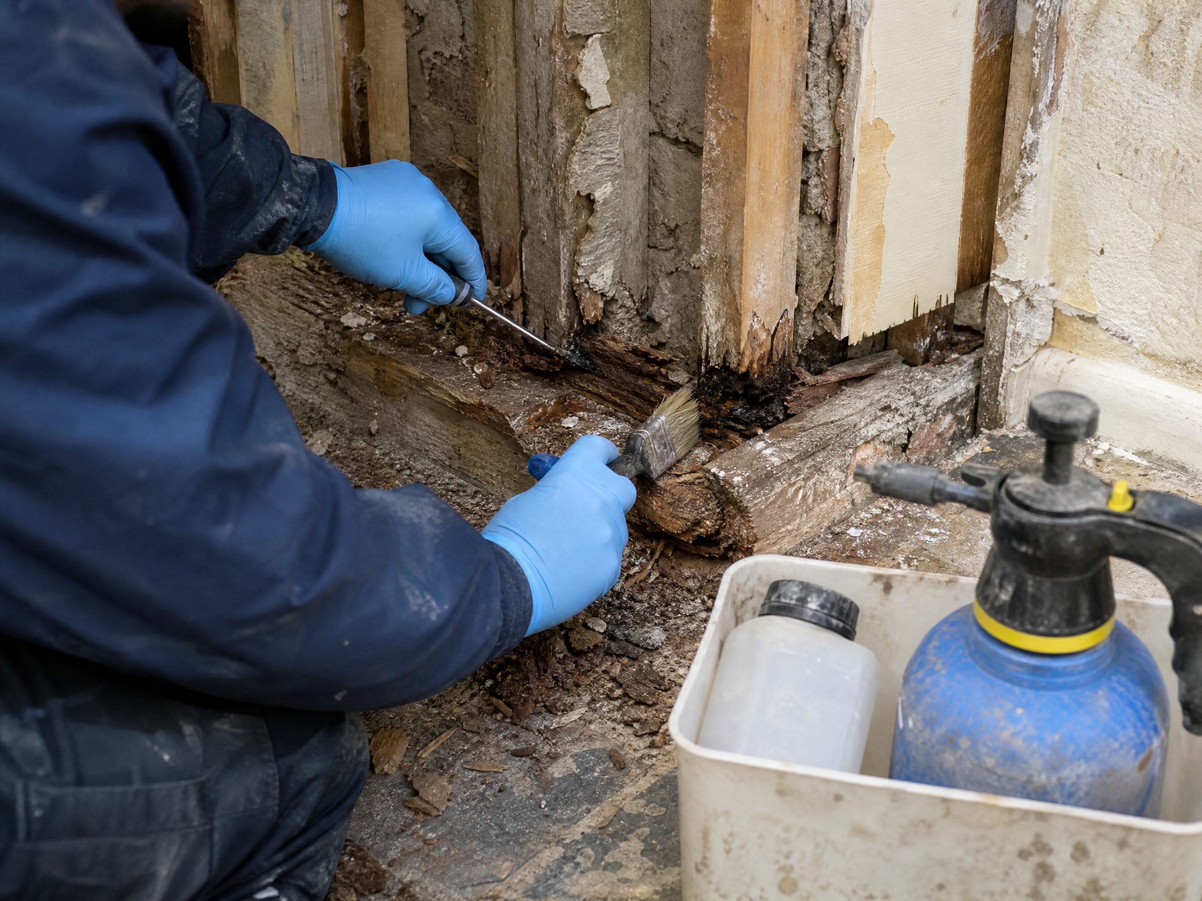 Professional installer carrying out dry rot and wet rot treatment in a UK residential property