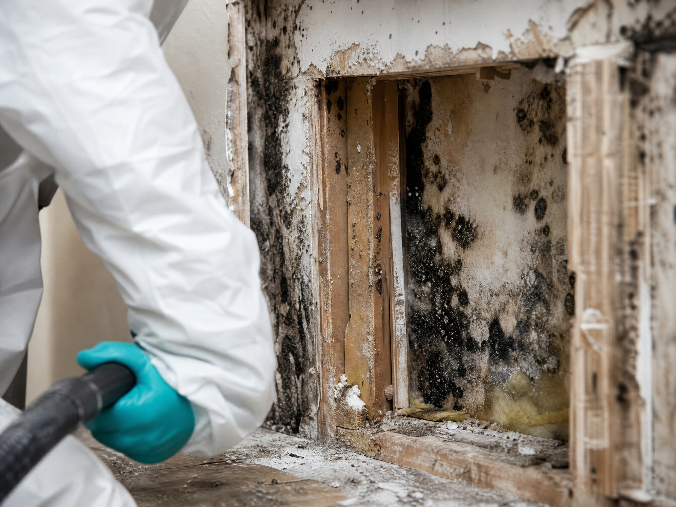 Close-up detail of materials and technique used in black mould removal and treatment — showing quality