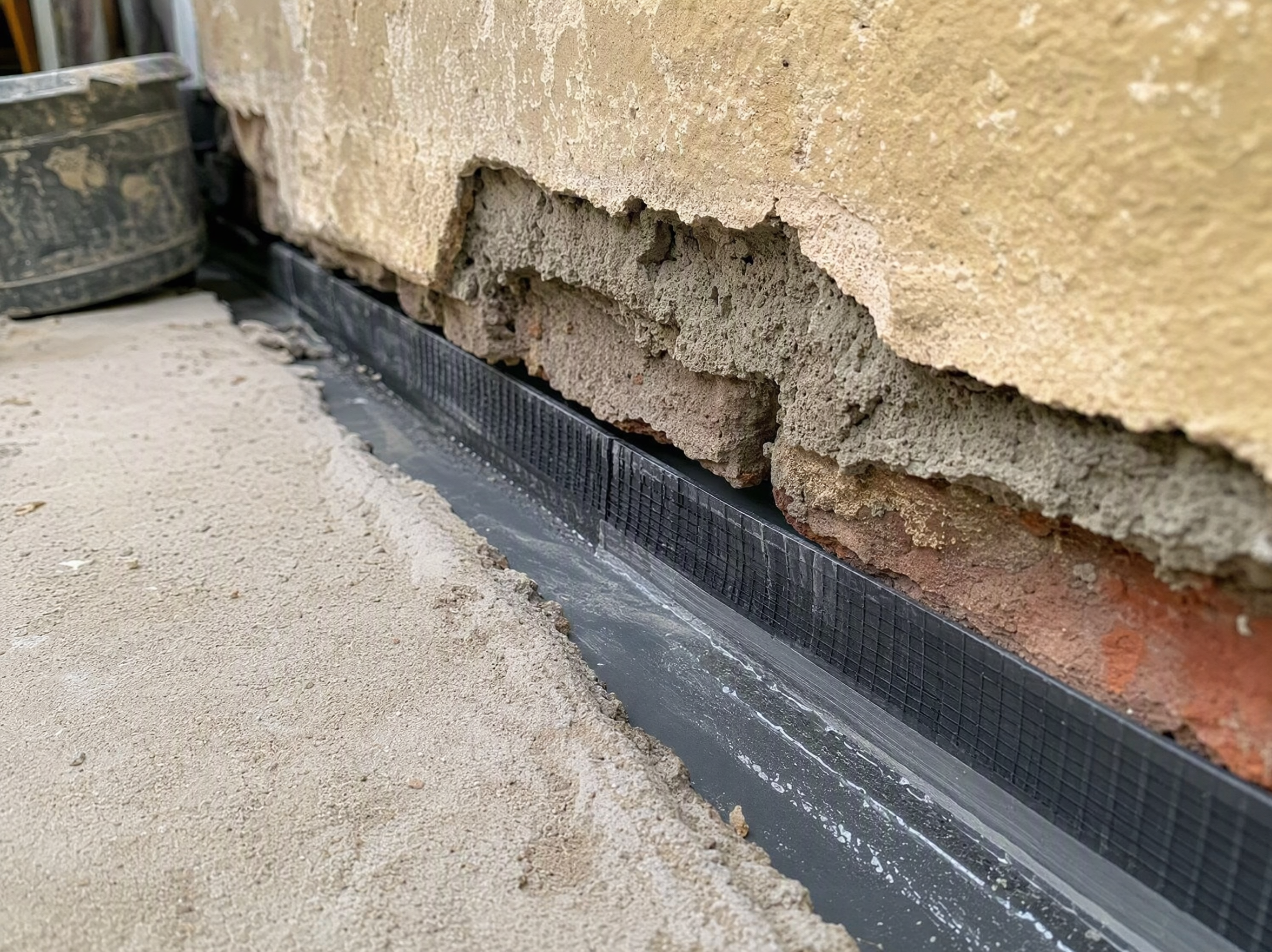 Close-up detail of materials and technique used in penetrating damp treatment — showing quality