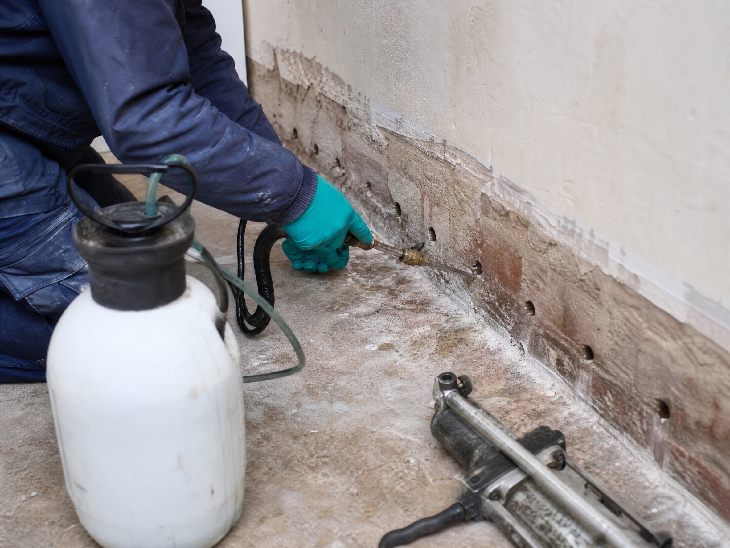 Professional installer carrying out penetrating damp treatment in a UK residential property