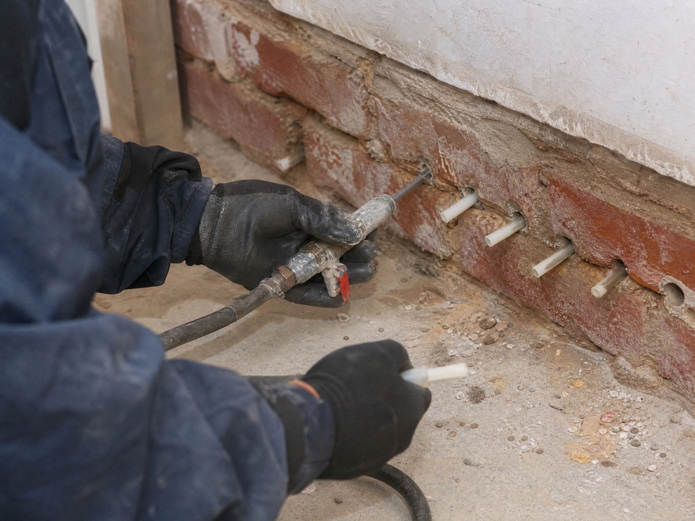 Professional installer carrying out rising damp treatment in a UK residential property
